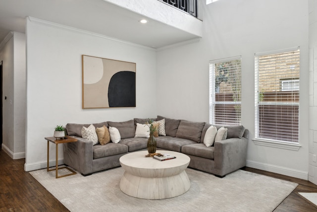 living area featuring recessed lighting, a high ceiling, ornamental molding, wood finished floors, and baseboards