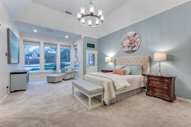 bedroom featuring baseboards, carpet, visible vents, and crown molding