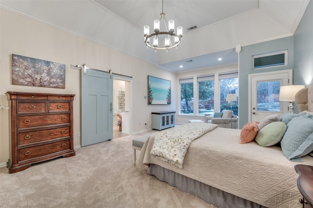 bedroom with crown molding, a notable chandelier, visible vents, a barn door, and light carpet