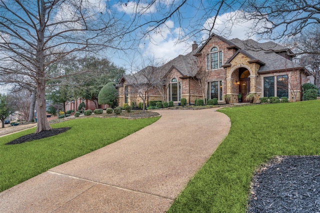 french provincial home featuring brick siding, a chimney, a shingled roof, concrete driveway, and a front yard