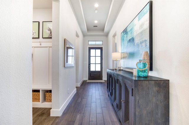 entryway with baseboards and dark wood finished floors