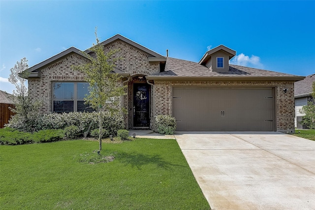 single story home featuring an attached garage, brick siding, driveway, and a front lawn