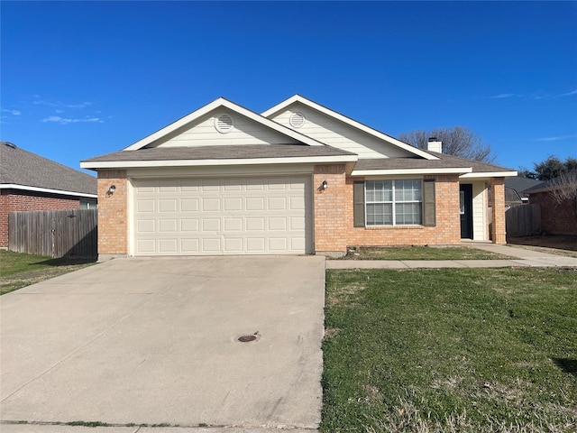 single story home featuring brick siding, a front yard, fence, a garage, and driveway