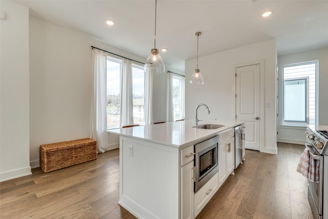 kitchen with light wood-style floors, appliances with stainless steel finishes, a wealth of natural light, and a sink