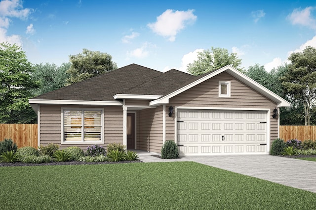 ranch-style house with roof with shingles, concrete driveway, an attached garage, a front yard, and fence