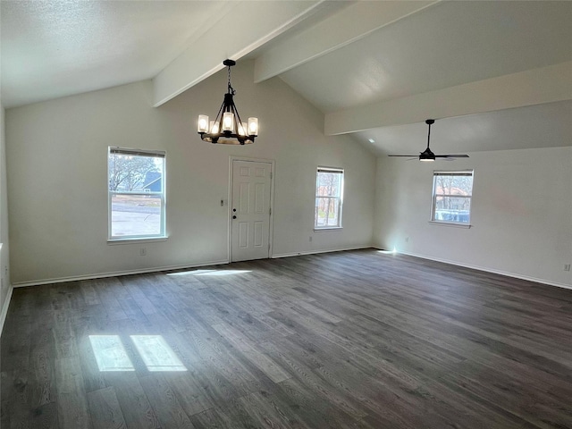 interior space with baseboards, dark wood finished floors, high vaulted ceiling, beam ceiling, and ceiling fan with notable chandelier