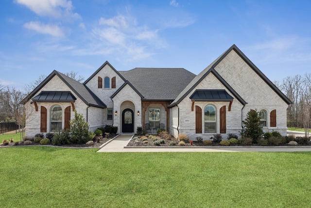 french country inspired facade with a shingled roof, a front lawn, and brick siding