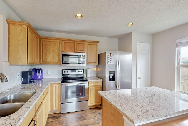 kitchen featuring wood finished floors, light stone countertops, stainless steel appliances, a sink, and recessed lighting