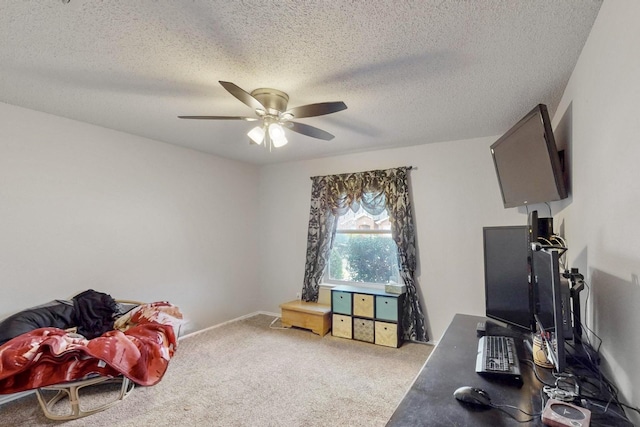 interior space featuring carpet, ceiling fan, and a textured ceiling