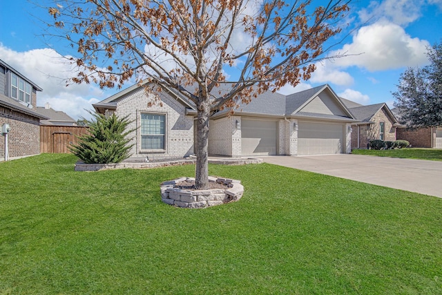 ranch-style house featuring brick siding, a front lawn, fence, concrete driveway, and an attached garage