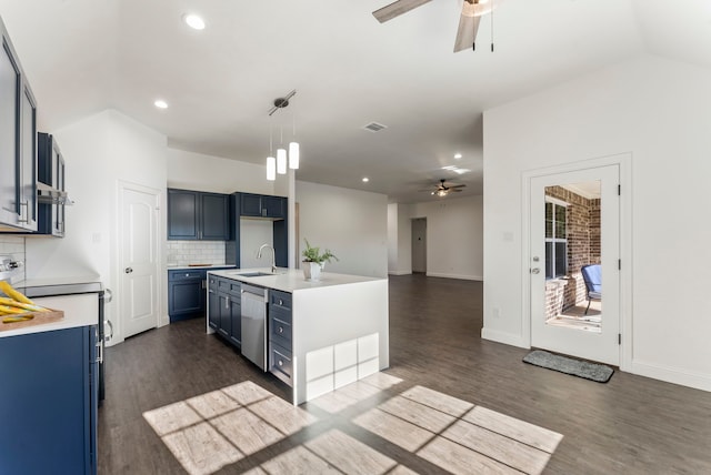 kitchen featuring dishwasher, light countertops, dark wood-style flooring, and a sink