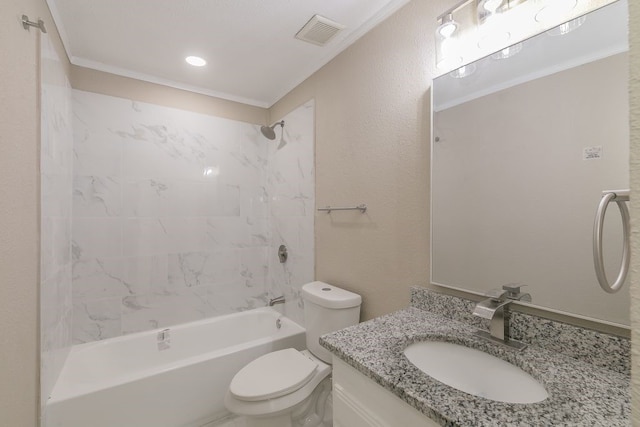 full bath featuring toilet, bathing tub / shower combination, vanity, visible vents, and crown molding