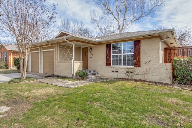 ranch-style house with an attached garage, brick siding, fence, driveway, and a front yard