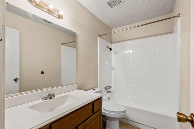 full bath featuring a textured ceiling, shower / bathtub combination, toilet, vanity, and visible vents