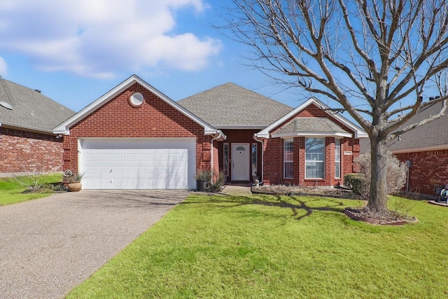 ranch-style house with a garage, brick siding, driveway, and a front lawn