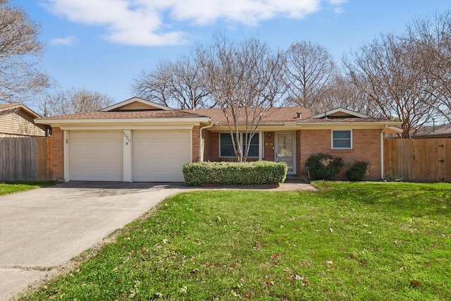 single story home featuring brick siding, concrete driveway, an attached garage, fence, and a front lawn