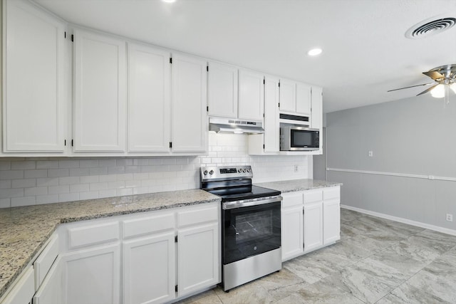 kitchen featuring stainless steel appliances, visible vents, white cabinetry, ceiling fan, and under cabinet range hood