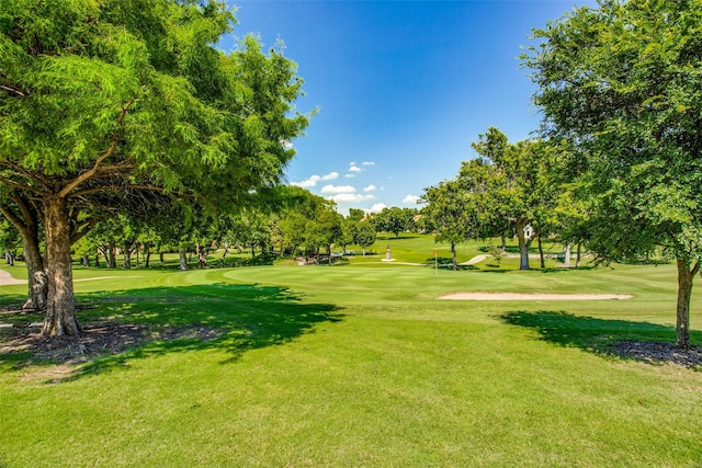 view of community with a yard and golf course view