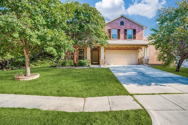 traditional home featuring a front yard, stone siding, brick siding, and driveway