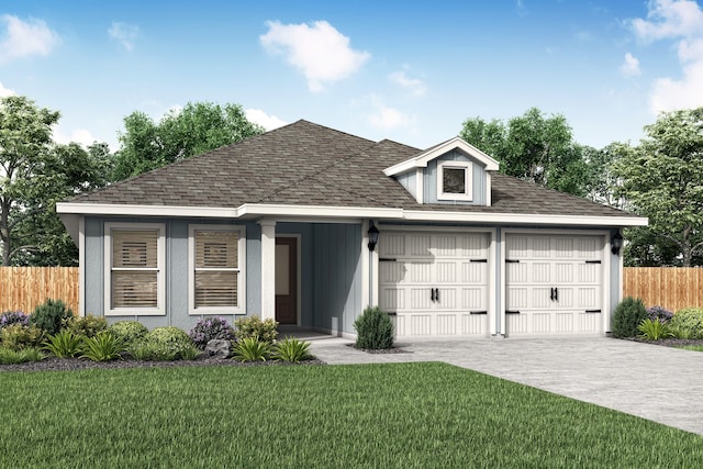 view of front of property with a shingled roof, a front yard, and fence