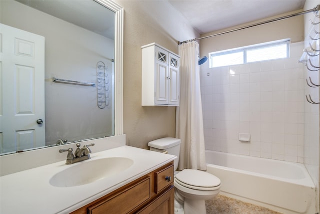 bathroom with toilet, shower / bath combination with curtain, and vanity