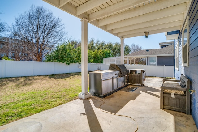 view of patio / terrace with a fenced backyard and a grill