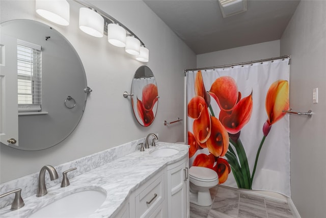 676 Harbor Dr, Azle, TX 76020 - full bathroom featuring double vanity, toilet, a shower with shower curtain, and marble finish flooring