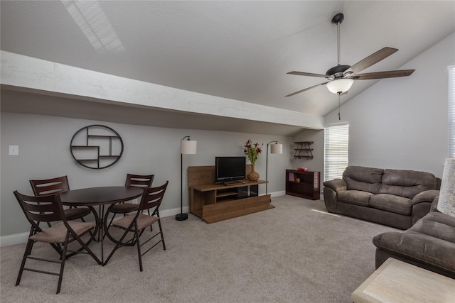 676 Harbor Dr, Azle, TX 76020 - living area featuring ceiling fan, light carpet, baseboards, and vaulted ceiling