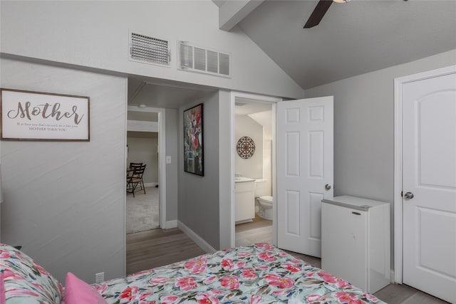 676 Harbor Dr, Azle, TX 76020 - bedroom with light wood-type flooring, a ceiling fan, refrigerator, and baseboards
