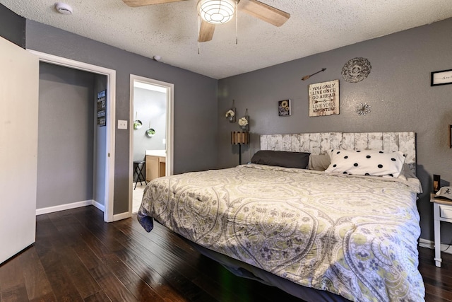 bedroom with wood-type flooring, baseboards, ceiling fan, and a textured ceiling