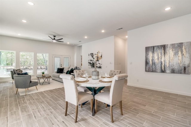 dining room featuring ceiling fan, recessed lighting, wood finish floors, visible vents, and baseboards