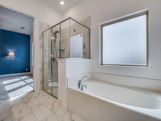 bathroom with marble finish floor, visible vents, a marble finish shower, and a bath