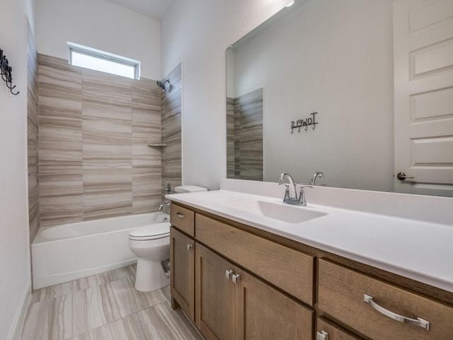 bathroom featuring toilet,  shower combination, and vanity