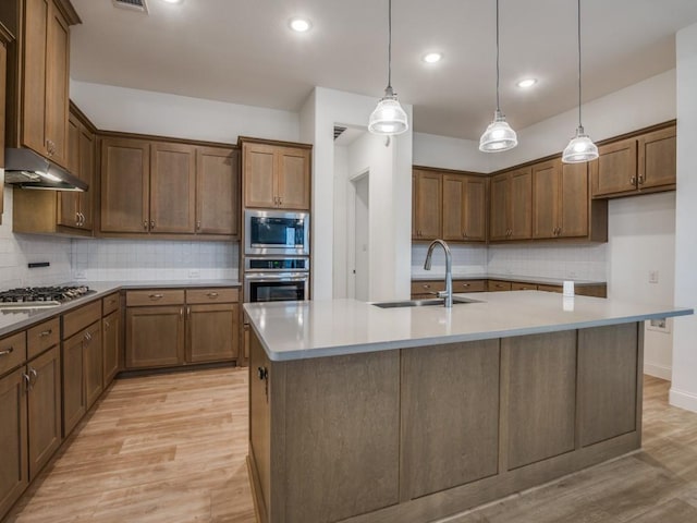 kitchen featuring light wood-type flooring, stainless steel appliances, a sink, and an island with sink