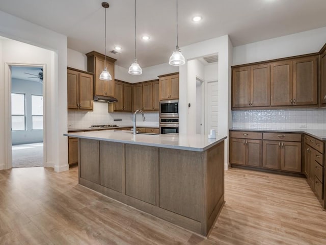 kitchen featuring light wood-style flooring, under cabinet range hood, a sink, appliances with stainless steel finishes, and a center island with sink