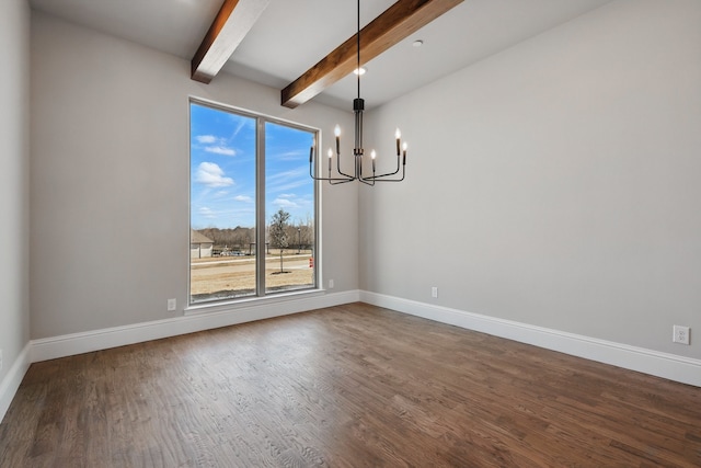 unfurnished dining area featuring baseboards, a notable chandelier, beamed ceiling, and dark wood finished floors