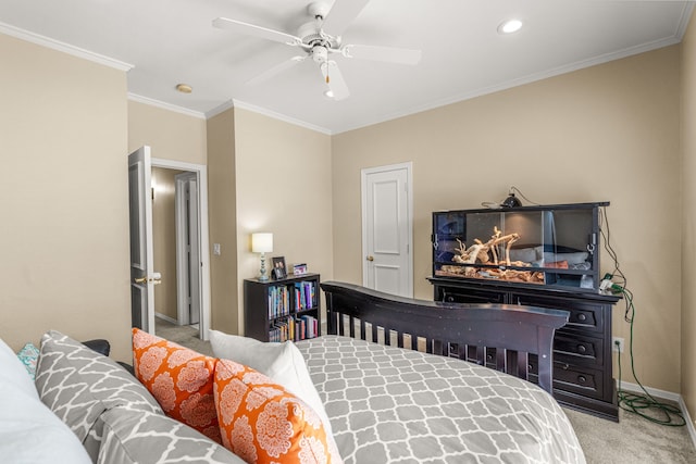 bedroom featuring crown molding, recessed lighting, a ceiling fan, carpet flooring, and baseboards