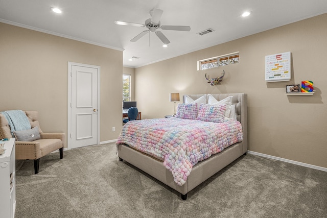 bedroom with carpet floors, recessed lighting, visible vents, ornamental molding, and baseboards