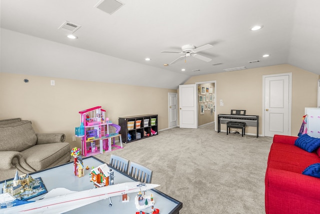 playroom with carpet floors, recessed lighting, visible vents, and vaulted ceiling