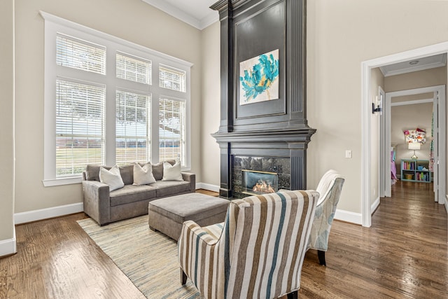 living area with wood finished floors, crown molding, baseboards, and a premium fireplace