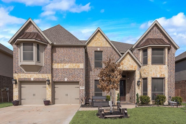 view of front of property with brick siding, a shingled roof, a garage, stone siding, and driveway