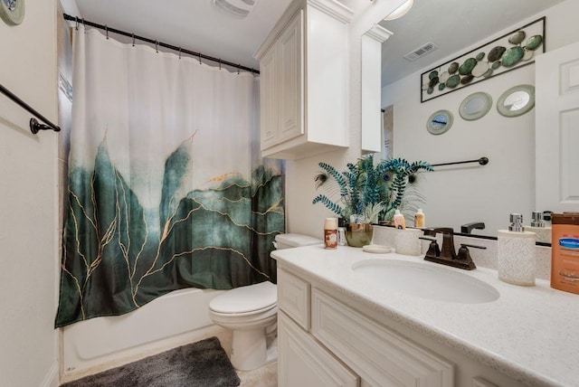 full bathroom with toilet, shower / bath combination with curtain, vanity, and visible vents