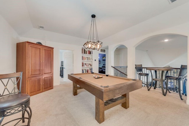 playroom featuring built in shelves, pool table, light colored carpet, and visible vents