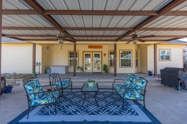 view of patio / terrace featuring french doors, ceiling fan, and an outdoor hangout area