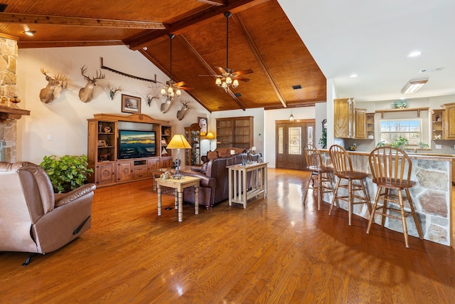 living room featuring ceiling fan, high vaulted ceiling, wood finished floors, wood ceiling, and beamed ceiling