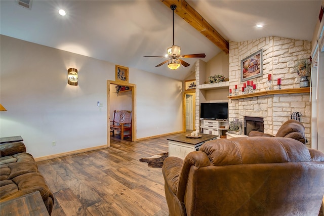living room with baseboards, lofted ceiling with beams, a ceiling fan, and wood finished floors