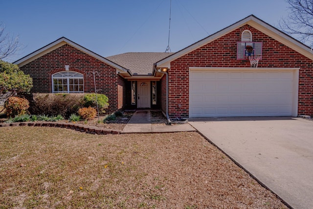 ranch-style house featuring concrete driveway, brick siding, an attached garage, and a front yard