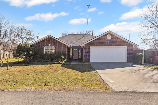 single story home featuring a garage, concrete driveway, fence, a front lawn, and brick siding