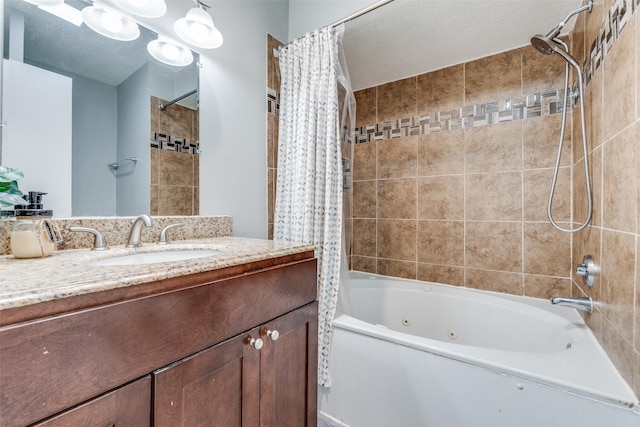 full bath with a combined bath / shower with jetted tub and vanity