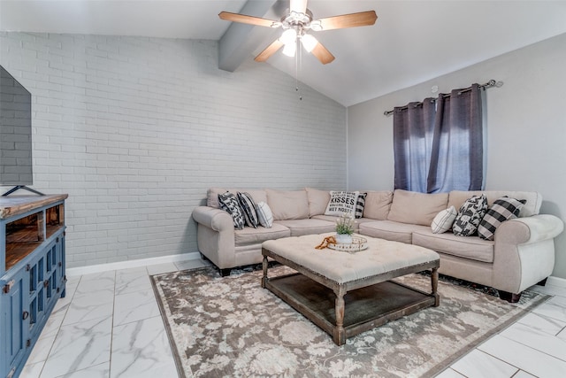 living area with vaulted ceiling with beams, brick wall, a ceiling fan, baseboards, and marble finish floor